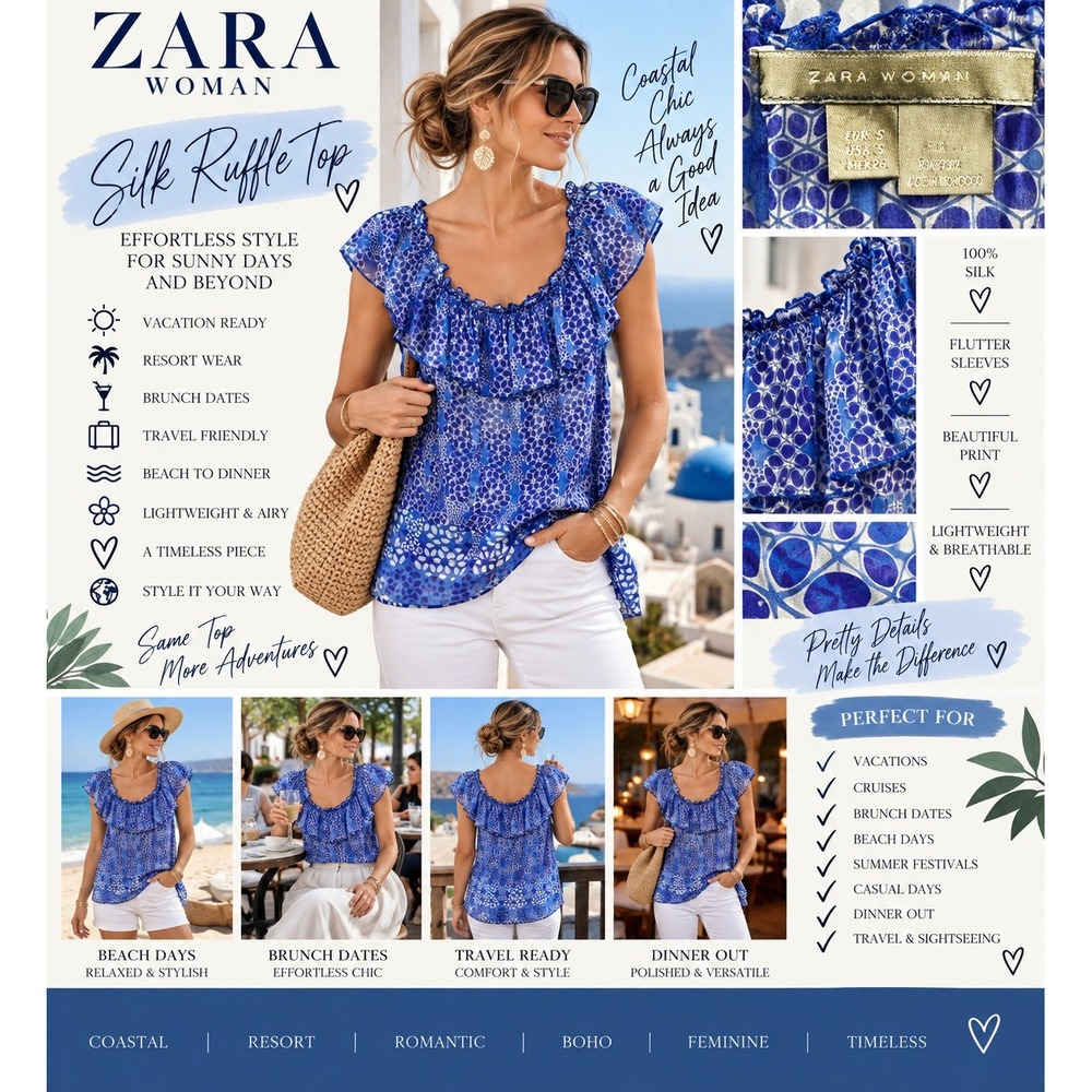 Zara Woman 100% Silk Blue Floral Ruffle Off Shoulder Blouse Size S Feminine Boho